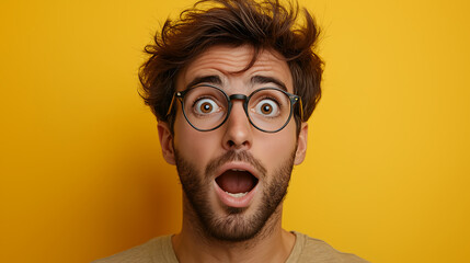 young man with brown hair and a beard is wearing round glasses and has an open mouth looking surprised against a bright yellow background