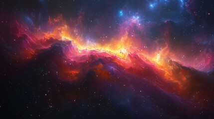 Naklejka premium fiery cosmic ridge burns under a starlit sky, its colors melting into a surreal celestial horizon