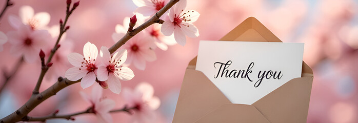 Thank you letter, a craft paper envelope with a thank you card surrounded by delicate cherry blossoms in the soft sunlight. Selective focus, blurred background