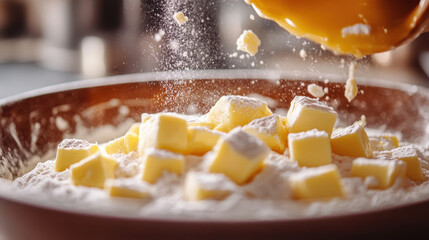 A close-up of butter cubes being added to a bowl of flour, creating an inviting baking scene filled with rich textures.