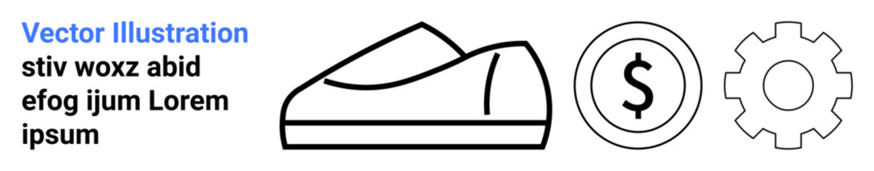 Sneaker outline, dollar symbol, gear icon. Ideal for ecommerce, startup, finance, business, marketing sports technology Landing page