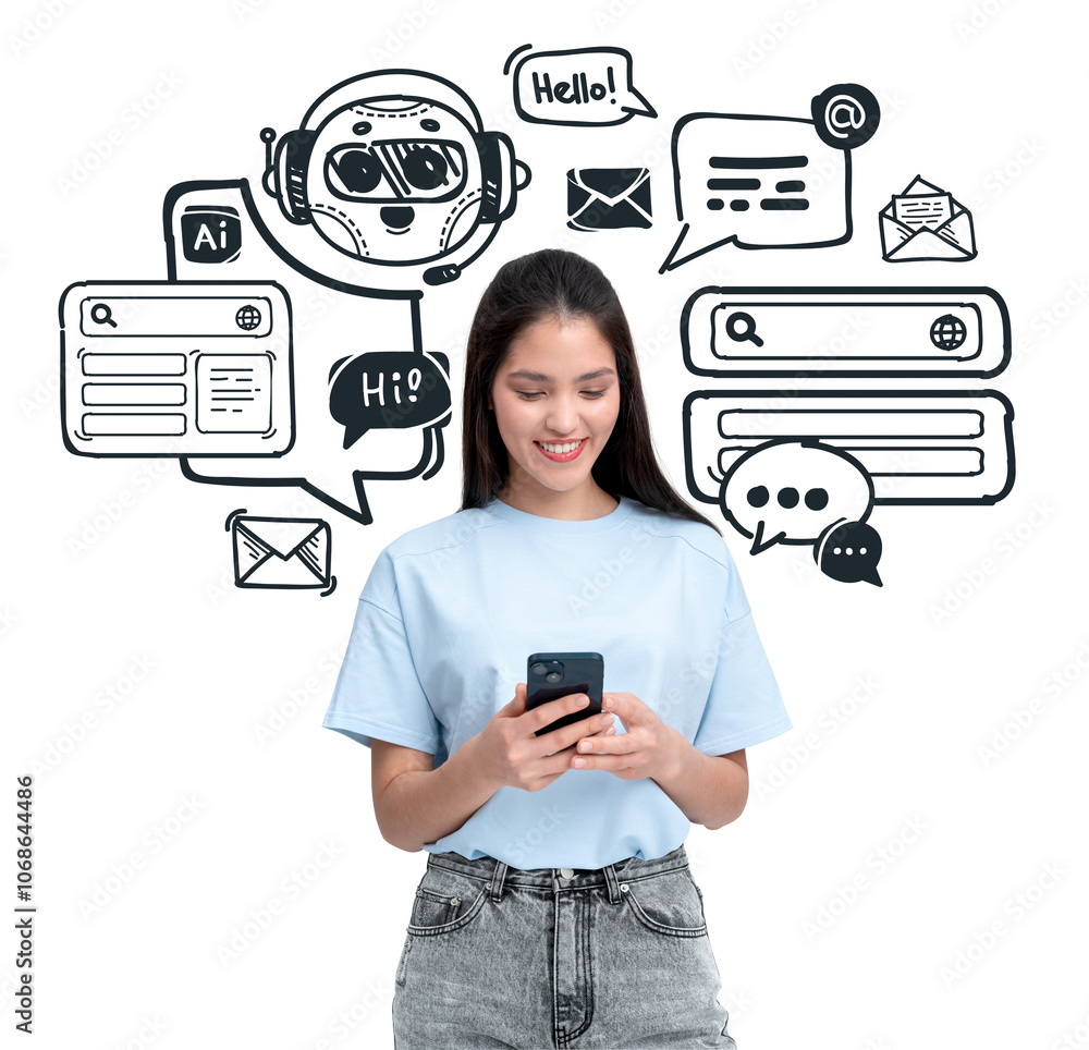 Poster woman using a smartphone with various hand-drawn chatbot and communication icons on a white backgrou