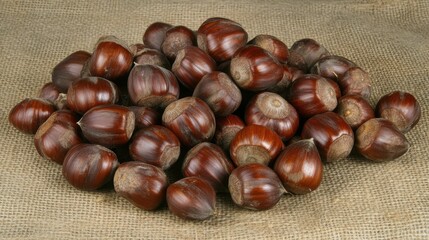 Chestnuts on Rustic Burlap Cloth Background