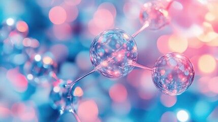 Bright molecular structure with shiny pink and blue spheres, symbolizing interconnectedness in a modern scientific concept.