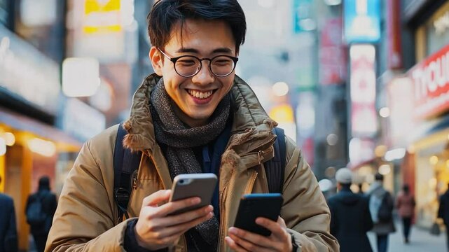 Asian man smiling and holding two cell phones He wore a backpack and a scarf. The concept of happiness and free time Meanwhile a man is enjoying his time while using his mobile phone.