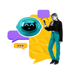 Woman using a mobile phone while interacting with a chatbot, colorful speech bubbles on a white...