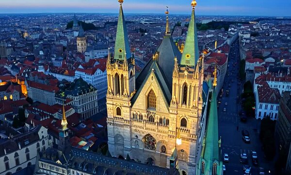 Aerial view of famous places St. Stephen's Cathedral Stephansdom at night. Mother church of the Roman Catholic Archdiocese of Vienna. Austria