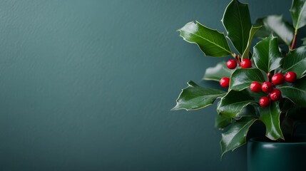 A delicate winter holly branch with vibrant red berries and deep green leave. Christmas Holly. ai generated