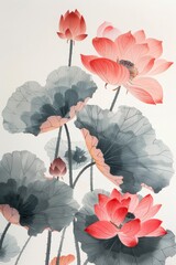 A delicate watercolor painting of lotus leaves, lotus petals are round and full.