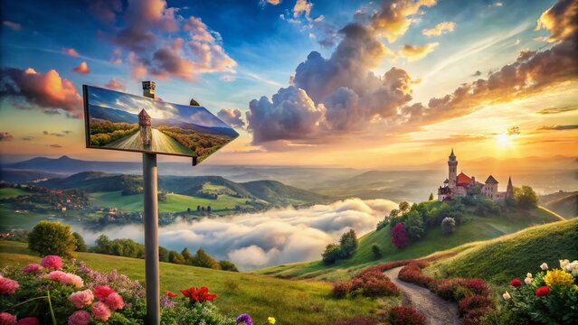 Surreal Signboard Pointing Towards Turda with Dreamy Landscape, Mysterious Atmosphere, and Whimsical Elements for Creative Photography