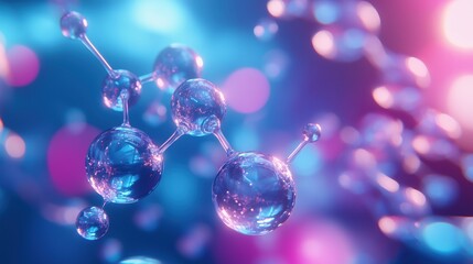 Futuristic molecular illustration with a pink and blue color scheme, conveying themes of innovation and connection.