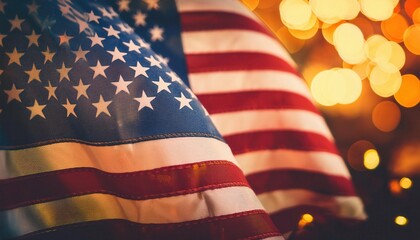 Close-Up of American Flag in Warm Light with Bokeh. Symbol of Patriotism, Freedom, and National Pride for Memorial Day, Fourth of July, Veterans Day, and Independence Celebrations
