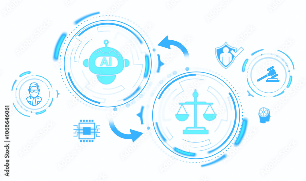 Poster ai and law icons in a tech style on a white background. concept of integrating artificial intelligen