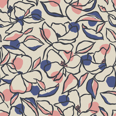 Vector line flower illustration with polka dots seamless repeat pattern digital artwork