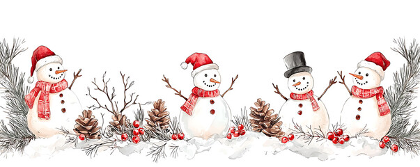 A delightful row of snowmen wearing winter scarves and hats, surrounded by festive elements like pine branches and berries, creating a cheerful holiday scene on a snowy background.