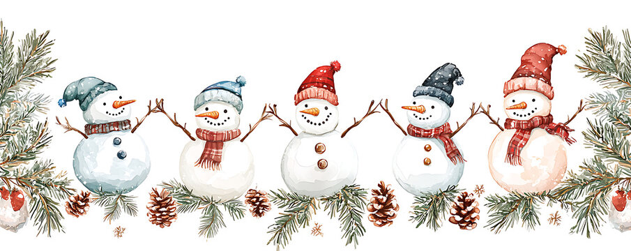 A delightful row of snowmen wearing winter scarves and hats, surrounded by festive elements like pine branches and berries, creating a cheerful holiday scene on a snowy background.
