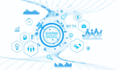 Obraz premium Abstract business goal concept with icons like target, handshake, light bulb, and rocket. Light background with a futuristic feel. Concept of strategy and success