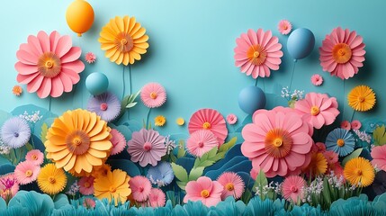 Lovely 3D Paper Cuttings Design: Colorful Flowers and Balloons in an Energetic, Beautiful Background for a Charming and Vibrant Look