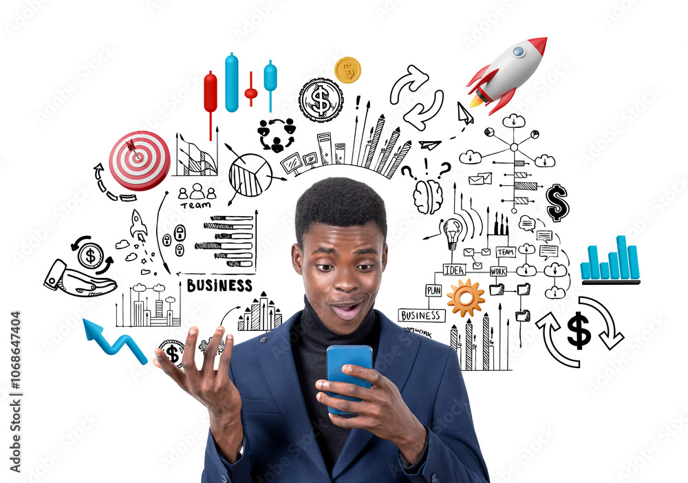 Poster man in a suit using a smartphone with hand-drawn business and startup doodles around him on a white 