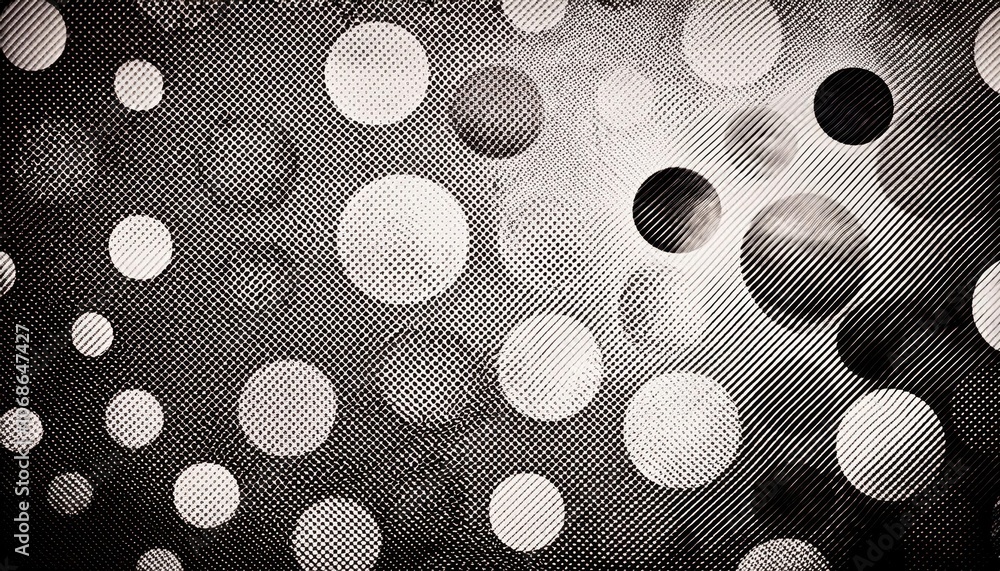 Fototapete High Contrast Monochrome Halftone Dot Pattern with Varied Size Circles in a Gradient Fade Effect. Retro Inspired Black and White Texture for Vintage Graphic Design, Print Media, and Background Art
