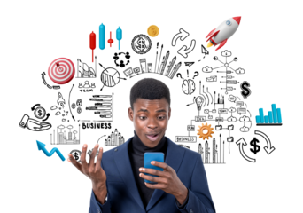 Man in a suit using a smartphone with hand-drawn business and startup doodles around him on a white background. Concept of success and planning