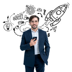 Businessman holding phone, smiling, with startup doodles like rocket, graphs, and target on white...