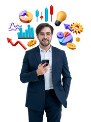 A businessman in a suit with stock market infographics around him on a white background. Concept of market analysis and financial growth