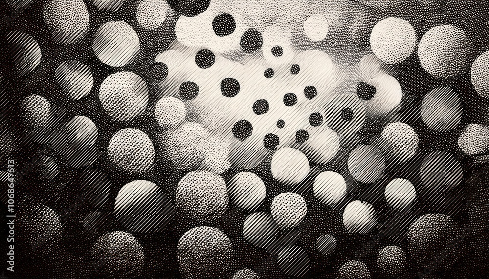 Fototapete High Contrast Monochrome Halftone Dot Pattern with Varied Size Circles in a Gradient Fade Effect. Retro Inspired Black and White Texture for Vintage Graphic Design, Print Media, and Background Art