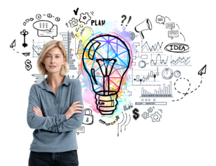 Woman standing with arms crossed, colorful lightbulb and business icons in background. White backdrop. Concept of idea and planning