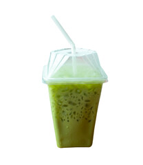 Iced matcha green tea with condensed milk in transparent plastic glass with white straw isolated with clipping path in png file format