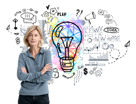 Woman standing with arms crossed, colorful lightbulb and business icons in background. White backdrop. Concept of idea and planning