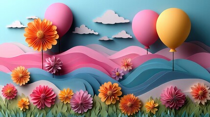 Obraz premium Lovely 3D Paper Cuttings Design: Colorful Flowers and Balloons in an Energetic, Beautiful Background for a Charming and Vibrant Look