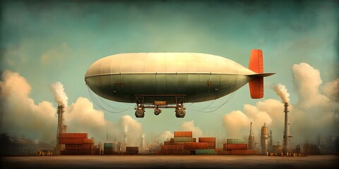 Cargo Zeppelins and Dirigible Freight Convoys in an Expansive Industrial Landscape with Automated Inventory Management and Coordinated Multimodal Logistics  Dieselpunk inspired oil painted textures