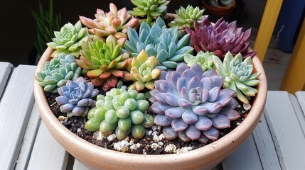Fototapeta premium Colorful Succulent Planter in Bright Daylight