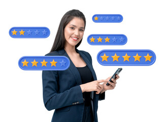 Businesswoman holding a smartphone with rating stars icons on a transparent white background....