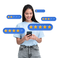 Woman using a smartphone with various star rating icons around her. White background. Concept of...