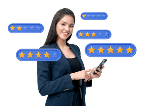 Businesswoman holding a smartphone with rating stars icons on a transparent white background. Concept of customer feedback and satisfaction