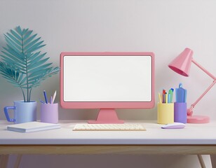 3D pink computer sits on a desk with a lamp a plant and some colorful office supplies