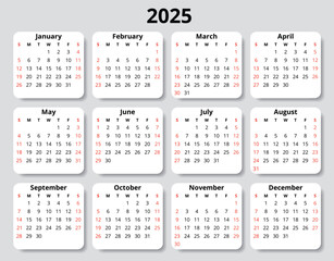 2025 year english vector annual calendar with months