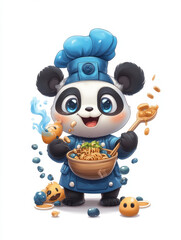 A cheerful cartoon panda enjoying a bowl of noodles, showcasing a playful and whimsical character design.