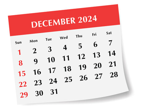 ENGLISH december 2024 calendar. Vector illustration. Monthly planning for business events
