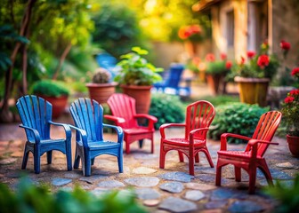 Obraz premium Tilt-Shift Photography of Vintage Blue and Red Plastic Chairs in a Cozy Outdoor Setting for Unique Home Decor Inspiration
