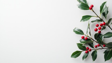 Fototapeta premium A delicate winter holly branch with vibrant red berries and deep green leave. Christmas Holly. ai generated