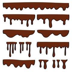 Hand drawn cartoon melted chocolate set on white background.