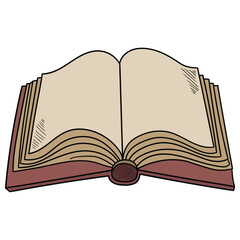 Hand drawn cartoon open book on white background.