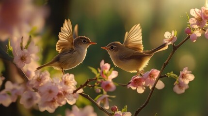 Obraz premium Two Birds Perched on a Branch of Peach Blossoms