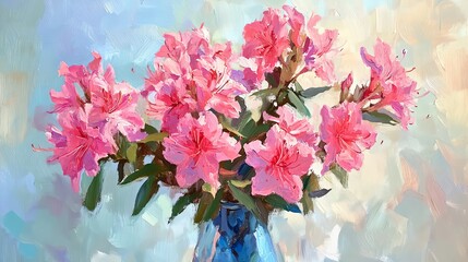A vibrant bouquet of pink azalea flowers in a blue vase, showcasing natural beauty and artistic flair in a colorful background.