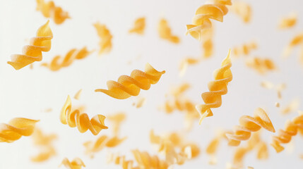 Close-up shot of flying fusilli pasta against white background. Image with shallow depth of field