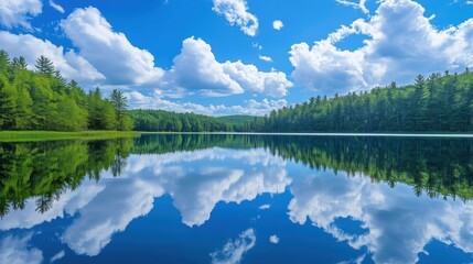 Fototapeta premium A tranquil lake reflecting the clear blue sky and fluffy white clouds
