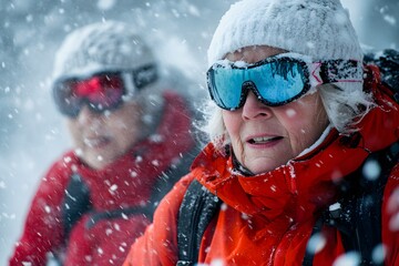 Senior Women Skiing Down Snowy Mountain With Joyful Focus